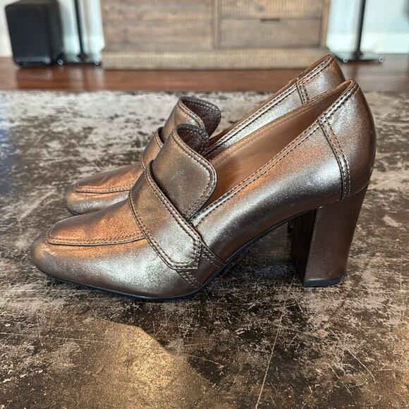 Johnston & Murphy Gold Leather 3" Block Heeled Loafers Size 9 - Picture 2 of 8